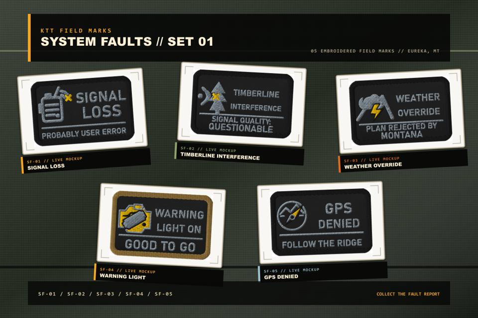 Five numbered System Faults embroidered patches arranged on an olive field board
