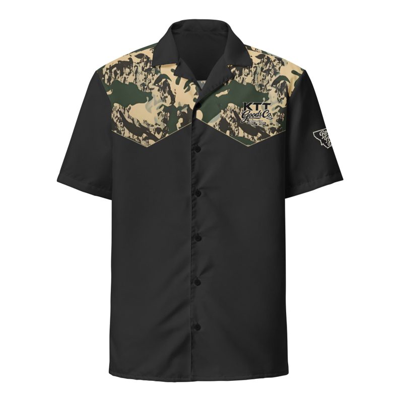 Black TV-D1 Western Button Shirt with pointed printed camo yokes and the KTT logo on the left chest, front mockup