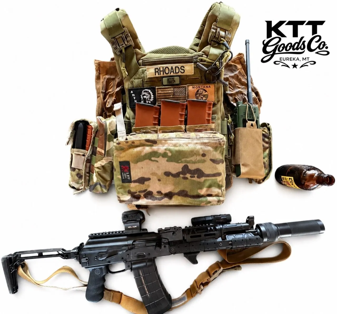 Carrier, pouches, and rifle layout with KTT Goods Co. mark