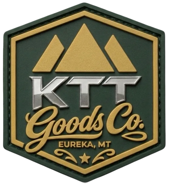 Old-school olive KTT Goods Co. logo badge