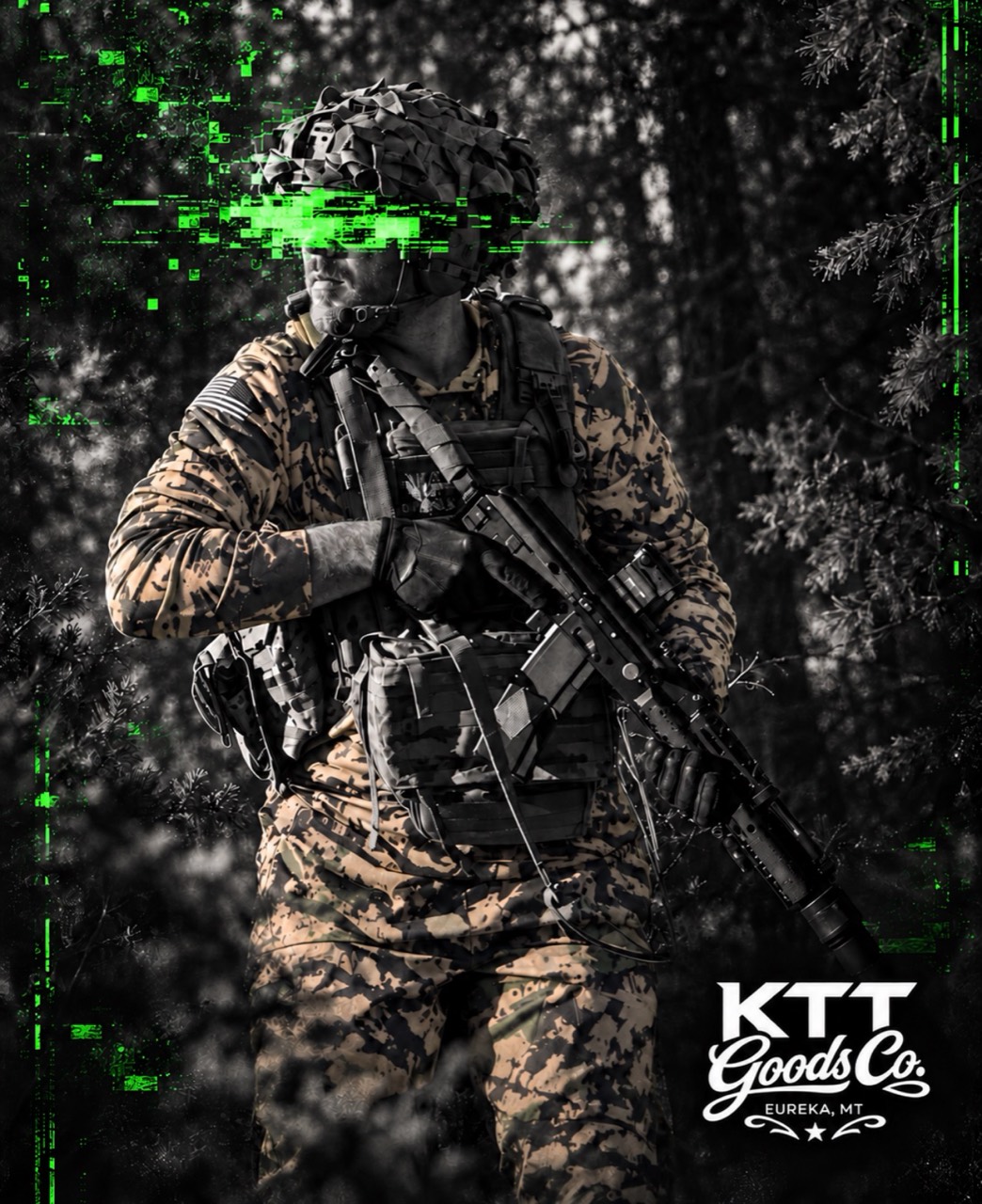 Camouflaged figure in woodland with green glitch graphics across the eyes and a white KTT Goods Co. logo at the lower right.