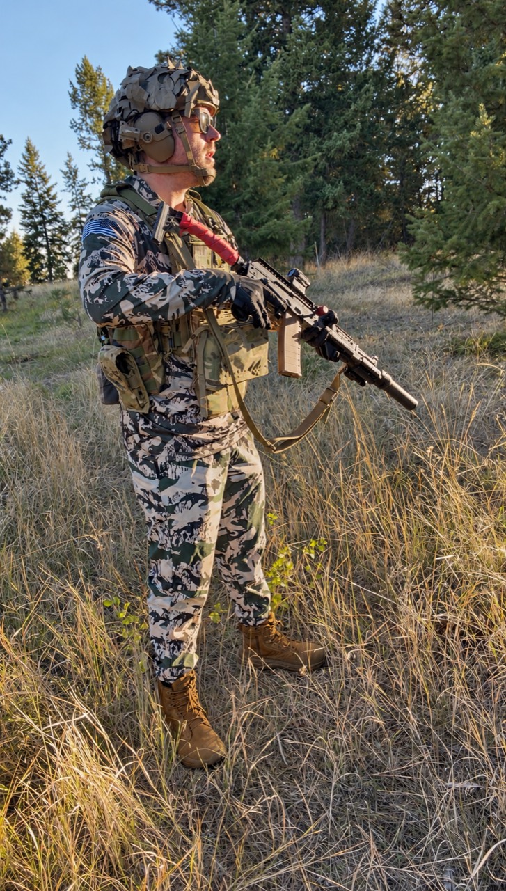 Person wearing TV-D1 camouflage pants and field equipment stands among conifers and dry grass, with the trousers and boots visible.