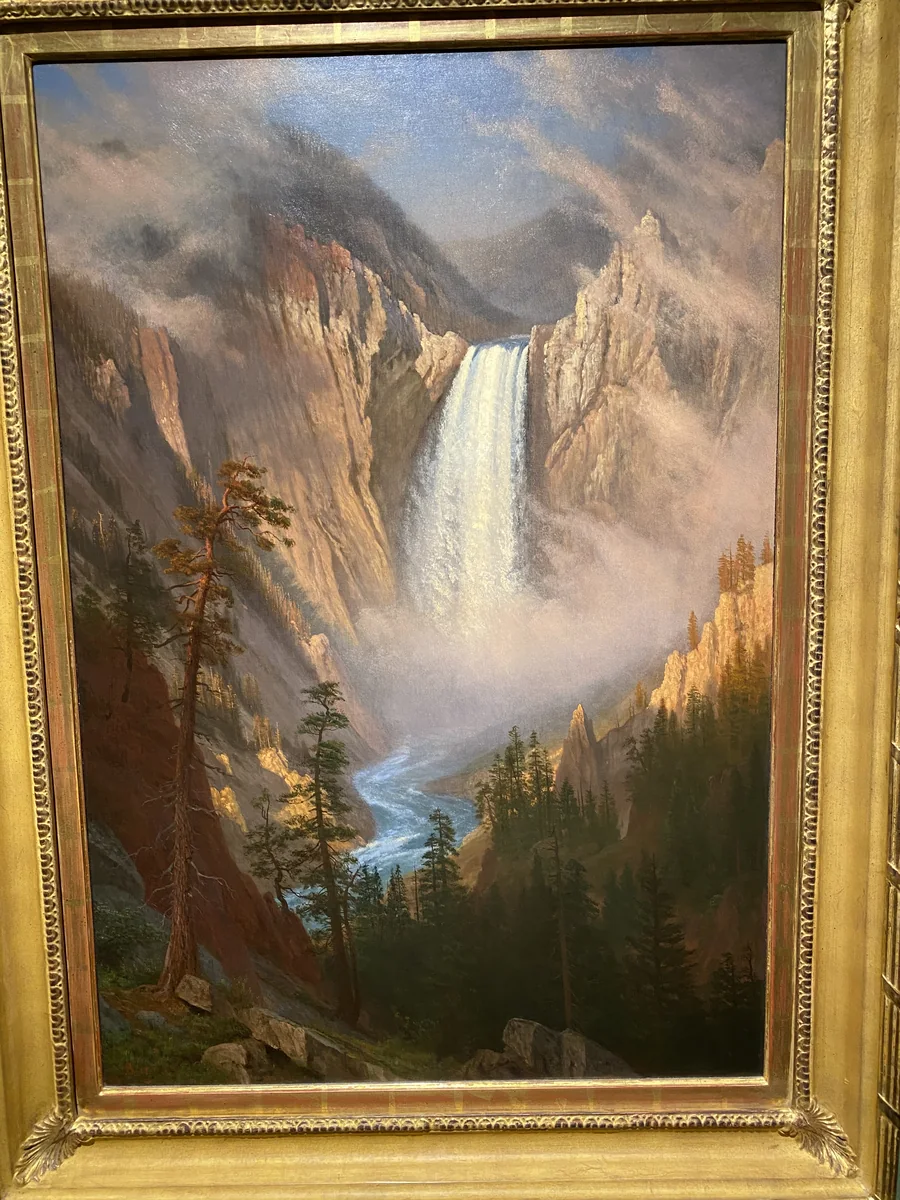 Framed western waterfall and mountain painting
